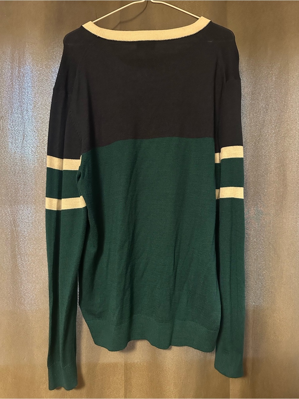 DKNY Men's Black and Forest Green Colorblock Crewneck Sweater with White Stripes